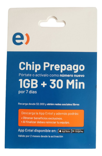 Chip Prepago Entel 200 Unidades 30 Minutos + 1 Gb 