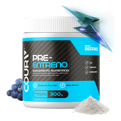 Coura Pre Entreno 300g - Vitaminas y Aminoacidos Sabor Berries - 30 Porciones con Scoop - Extractos de Café Verde y Té Verde, Hongo Cordyceps - Suplemento Pre Workout Entrenamientos de Alta Intensidad | Meses sin interés