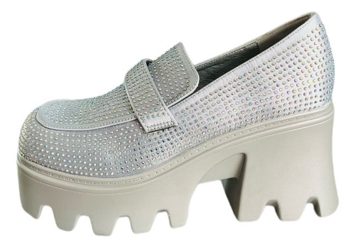 Tacones Estilo Mocasin De Plataforma Con Brillos Plata Gris