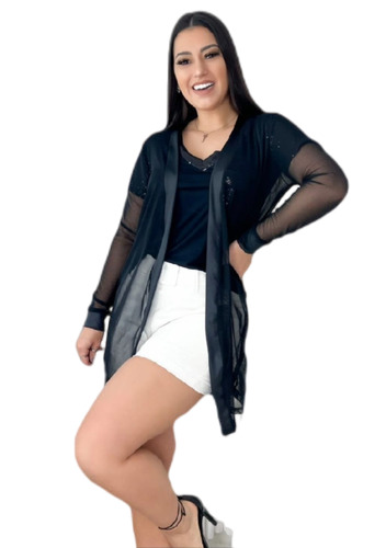 Cardigan Kimono Tule Transparente Feminino Luxo 