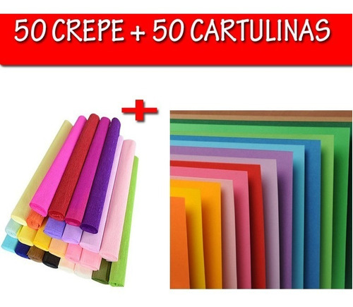 50 Papel Crepe + 50 Cartulinas Escolares Muchos Colores