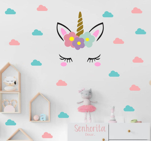 Adesivo De Parede Decoração Quarto Meninas Unicórnio Nuvens