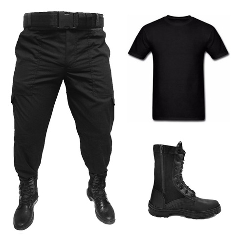 Calça Tática Ripstop Preta+ Coturno Militar+ Camiseta+ Cinto