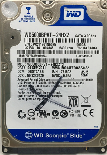 Western Digital Wd5000bpvt-24hxzt3 500gb - 40 Recuperodatos