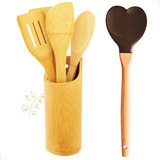 Kit Talheres Utensílios Colher Pau Bambu Suporte Cozinha 