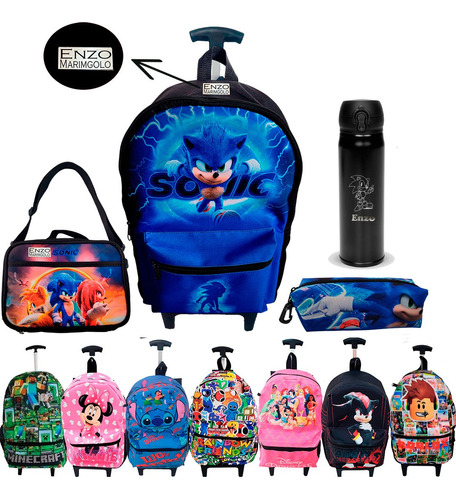 Kit Mochila Sonic Infantil Escolar Rodinhas Garrafa C/ Nome