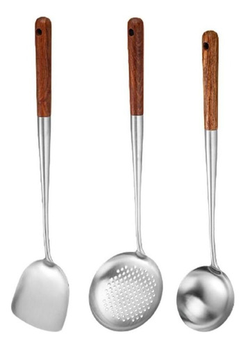 Wok Espátula Cucharón Skimmer Práctico Mango De Madera 1