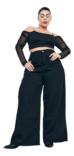 Jean Doble Maxi Wide Leg Rigido Negro Mujer Talles Grandes