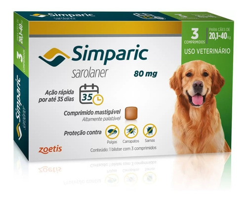 Antipulgas Para Cães Simparic 80 Mg 20,1-40kg 3 Comprimidos