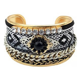 Pulseira Bracelete Dourado Preto Corrente Strass Fashion