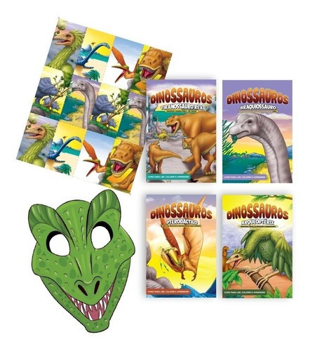 Kit Livro Infantil Aprender E Divertir Dinossauros - 4 Livros De Colorir + Máscara + Jogo Da Memória