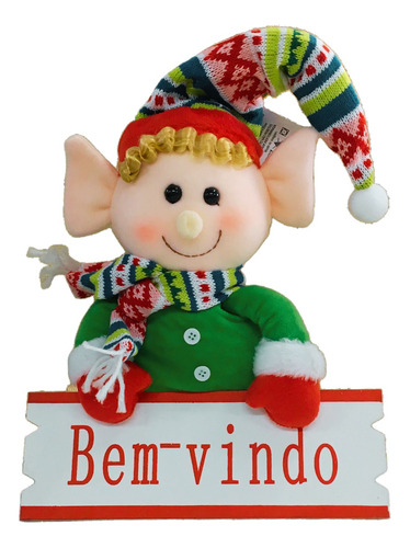 Boneco Elfo Natalino 48 X 25cm Decoração Placa Bem Vindo