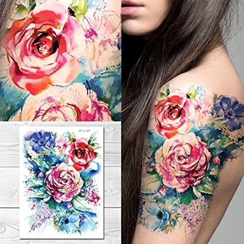 Supperb Tatuajes Temporales - Pintura De Acuarela Ramo De Fl