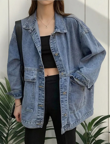 Chamarra De Mezclilla Mujer Suelto Estilo Bf Gran Bolsillo