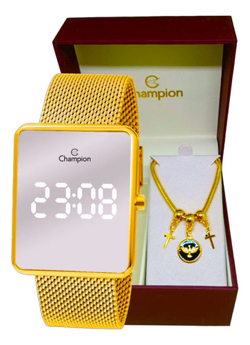 Kit Relógio Feminino Champion Digital Espelhado Dourado Rose