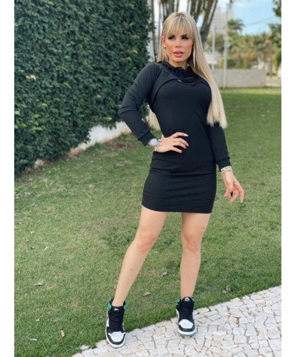 Vestido Feminino Curto Manga Longa Com Capuz Moda Gringa