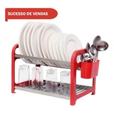 Escorredor 16 Pratos Inox Vermelho Com Porta Talheres