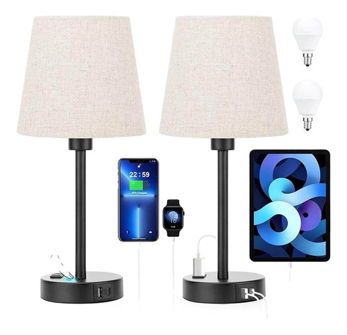 Lámpara De Mesa Noche Buró Touch  Con Usb Y Led Bulbo 2pcs