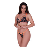 Conjunto Com Bojo Estampado Leopardo Neon Animal Print Sexy