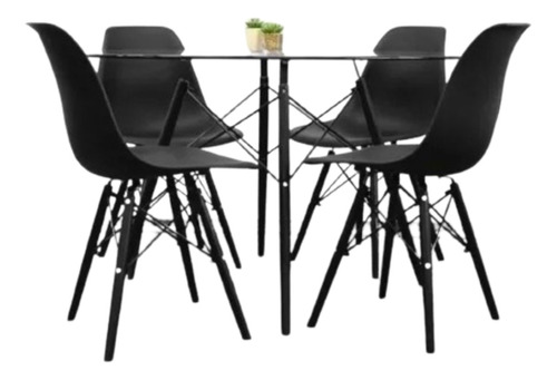 Mesa Eames 120 Vidrio Redonda Negra + 4 Silla - Alto Impacto