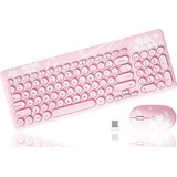 Combo Teclado Ratón Inalámbrico Rosa Sakura, Teclas Retro