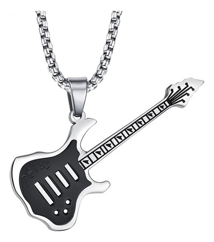 Collar Guitarra Electrica Black Silver Hombre Mujer Titanio