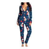 Pijama Moderno Con Solapa Y Estampado Navideño Para Mujer