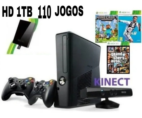 Xbox 360 Slim Fifa 19 Gta 5 Minecraft+kinect + 2 Controle+hd