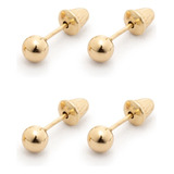 Brinco Bola 3mm Em Ouro 18k Infantil 2ºfuro Kit 2 Pares