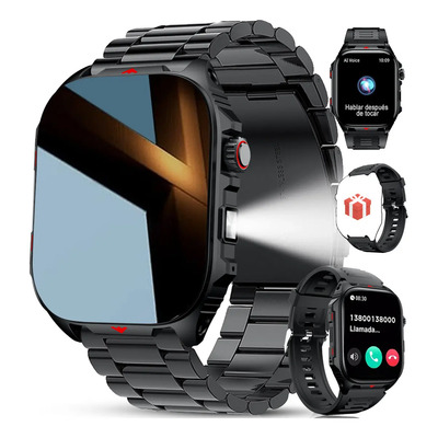 Smartwatch Hombre Reloj Inteligente Bluetooth Llamada 2.01 Pantalla HD Deportivo Monitor de Actividad Física Resistente al Agua Actividades al Aire Libre Linterna LED Correas Dobles Negro | Meses sin interés