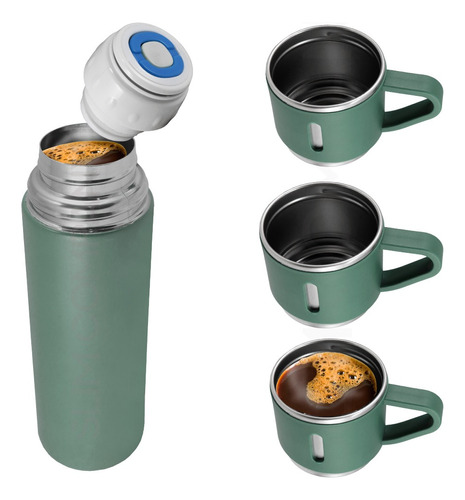 Termo De Acero Inoxidable 500 Ml 3 Tazas Café Frío Caliente Color Verde