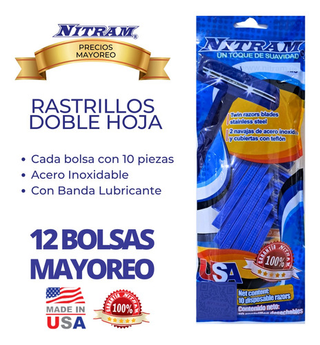 Mayoreo 12 Bolsas De Rastrillo Nitram Doble Hoja 10 Piezas