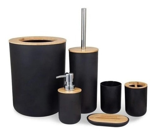 Set Baño Bambu Plastico X6 Cesto Dispenser Jabon Escobilla 