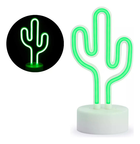 Lampara Velador Neon Luz Led Forma Cactus Con Base Estructura Verde Pantalla Blanco