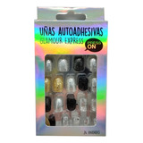 Uñas Autoadhesivas Press On Glitter Thelma Y Louise 24u Color Plata Dorado Negro