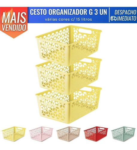 Kit 3 Cesto Organizador Multiuso G Gaveta Armário Plástico