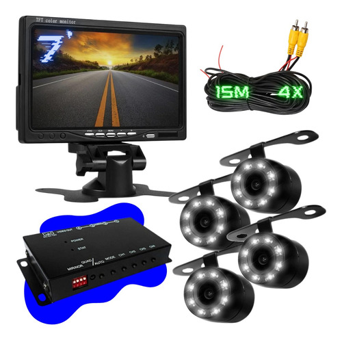 Kit Tela 7. Monitor 4 Camera De Ré Dvr Automotivo 4 Cabo 15m