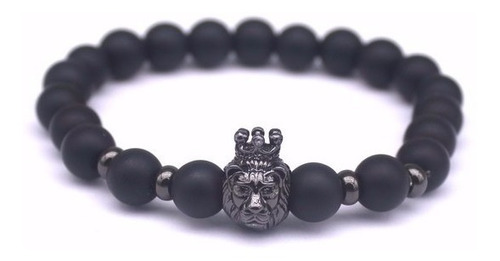 Pulsera De Hombre Mujer Leon Corona Negro Piedra Natural