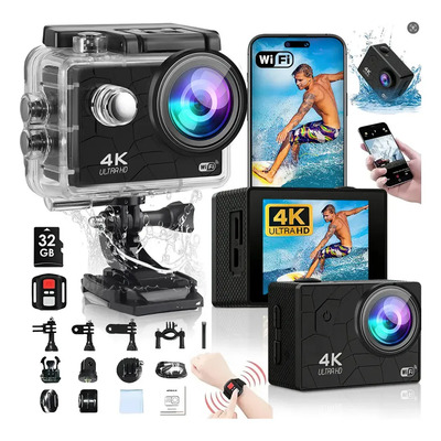 Cámara De Acción De Buceo 4k Hd Wifi Cámara Deportiva Sumergible Con Control 2 Batería +32gb Color Negro | Meses sin interés