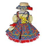 Vestido Caipira Infantil Festa Junina Florido Chapéu E Bolsa