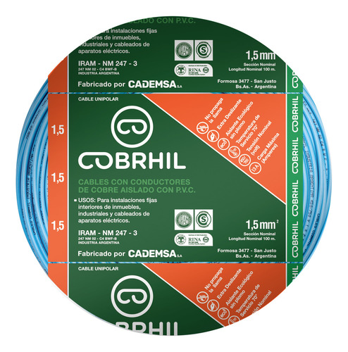 Cable Unipolar Cobrhil Normalizado 1,5 Mm Rollo 100 Mtrs Cubierta Celeste