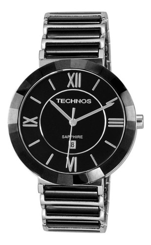 Relógio De Pulso Technos Ceramic 2015 Com Corpo Preto,  Analógico, Para Feminino, Fundo  Preto, Com Correia De Aço Cor Preto E Prateado, Agulhas Cor Prateado, Subdials De Cor Prateado, Bisel Cor Preto