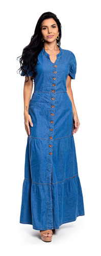 Vestido Jeans Moda Evangélica De Manga E Botões Premium 4092