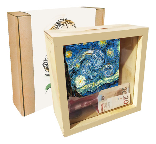 Alcancía De Madera Van Gogh + Empaque Personalizado
