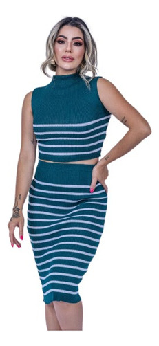 Conjunto Feminino Tricot Canelado Blusinha Cropped Saia Midi