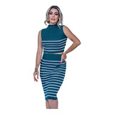 Conjunto Feminino Tricot Canelado Blusinha Cropped Saia Midi