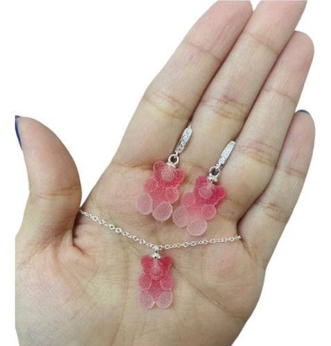 Cadena Dije Aros Set Plata 925 Osito Gummy Mujer Regalo 