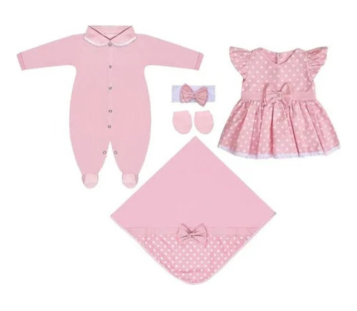 Kit Saída De Maternidade - 5 Peças Luck Poá Rosa Menina