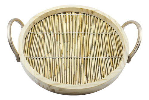 Bandeja Redonda Em Madeira Bambu 30cm Bege Alça Metal