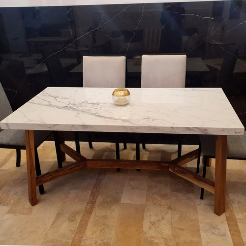 Mesa Comedor 160x80cm Spl Estatuario 6mm Base Madera